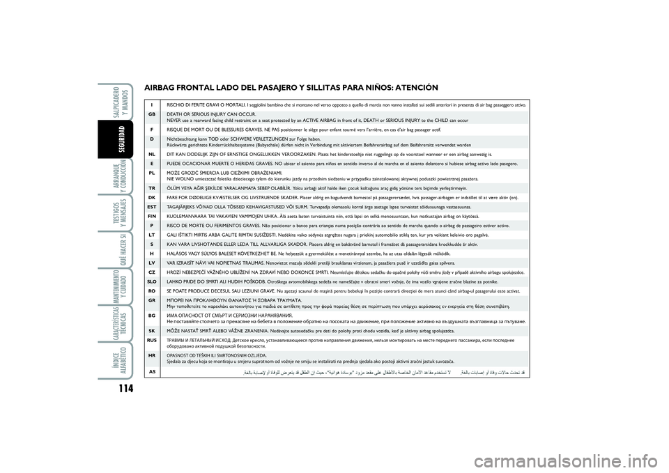 FIAT SCUDO 2016 Manual de Empleo y Cuidado (in Spanish) 114ARRANQUE
Y CONDUCCIÓNTESTIGOS
Y MENSAJESQUÉ HACER SIMANTENIMIENTO
Y CUIDADOCARACTERÍSTICASTÉCNICASÍNDICE
ALFABÉTICOSALPICADERO
Y MANDOSSEGURIDAD
AIRBAG FRONTAL LADO DEL PASAJERO Y SILLITA FIAT SCUDO 2016 Manual de Empleo y Cuidado (in Spanish) 114ARRANQUE
Y CONDUCCIÓNTESTIGOS
Y MENSAJESQUÉ HACER SIMANTENIMIENTO
Y CUIDADOCARACTERÍSTICASTÉCNICASÍNDICE
ALFABÉTICOSALPICADERO
Y MANDOSSEGURIDAD
AIRBAG FRONTAL LADO DEL PASAJERO Y SILLITA