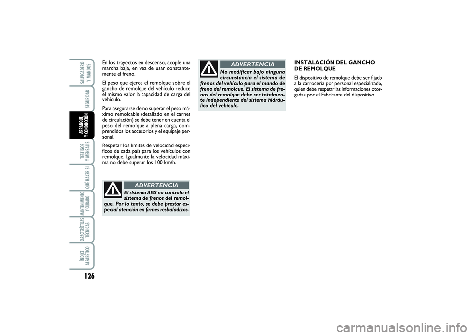FIAT SCUDO 2016 Manual de Empleo y Cuidado (in Spanish) 126SEGURIDADTESTIGOS
Y MENSAJESQUÉ HACER SIMANTENIMIENTO
Y CUIDADOCARACTERÍSTICASTÉCNICASÍNDICE
ALFABÉTICOSALPICADERO
Y MANDOSARRANQUE
Y CONDUCCIÓN
INSTALACIÓN DEL GANCHO
DE REMOLQUE
El d FIAT SCUDO 2016 Manual de Empleo y Cuidado (in Spanish) 126SEGURIDADTESTIGOS
Y MENSAJESQUÉ HACER SIMANTENIMIENTO
Y CUIDADOCARACTERÍSTICASTÉCNICASÍNDICE
ALFABÉTICOSALPICADERO
Y MANDOSARRANQUE
Y CONDUCCIÓN
INSTALACIÓN DEL GANCHO
DE REMOLQUE
El d