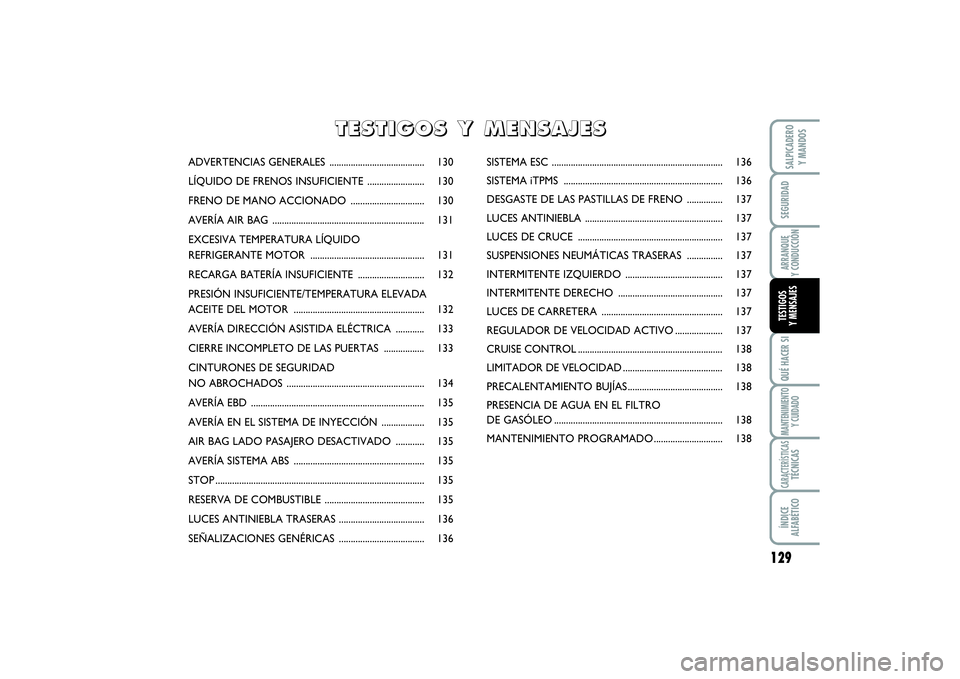 FIAT SCUDO 2016 Manual de Empleo y Cuidado (in Spanish) 129
SEGURIDADARRANQUE
Y CONDUCCIÓNQUÉ HACER SIMANTENIMIENTO
Y CUIDADOCARACTERÍSTICASTÉCNICASÍNDICE
ALFABÉTICOSALPICADERO
Y MANDOSTESTIGOS
Y MENSAJES
ADVERTENCIAS GENERALES ................. FIAT SCUDO 2016 Manual de Empleo y Cuidado (in Spanish) 129
SEGURIDADARRANQUE
Y CONDUCCIÓNQUÉ HACER SIMANTENIMIENTO
Y CUIDADOCARACTERÍSTICASTÉCNICASÍNDICE
ALFABÉTICOSALPICADERO
Y MANDOSTESTIGOS
Y MENSAJES
ADVERTENCIAS GENERALES .................
