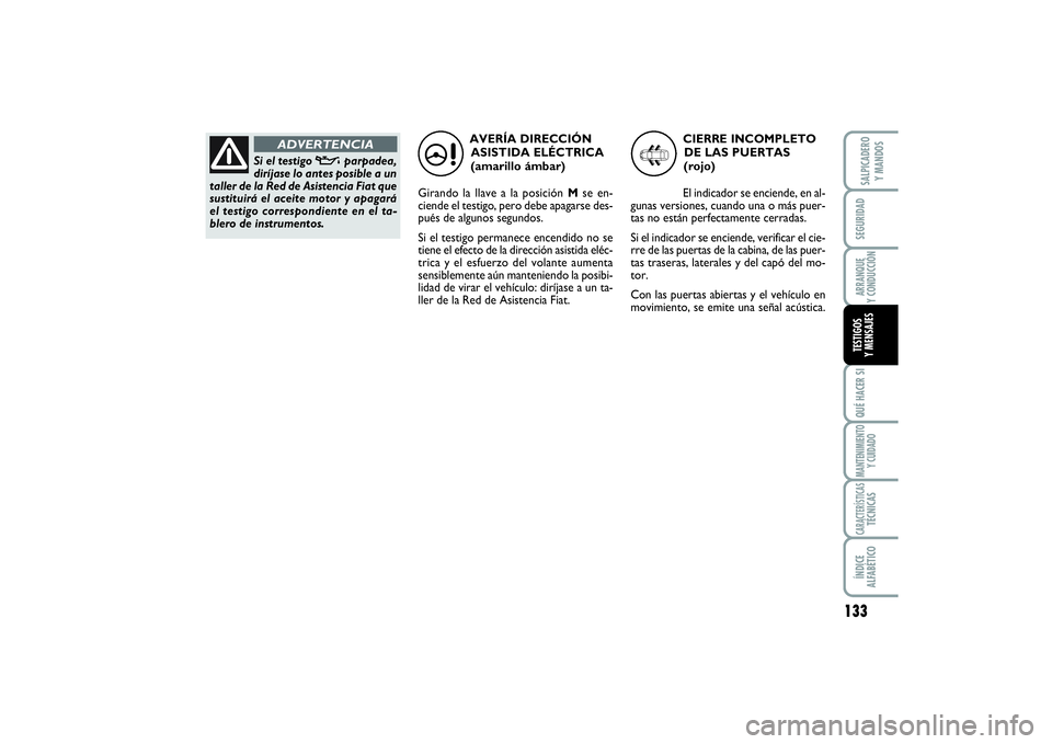 FIAT SCUDO 2016 Manual de Empleo y Cuidado (in Spanish) 133
SEGURIDADARRANQUE
Y CONDUCCIÓNQUÉ HACER SIMANTENIMIENTO
Y CUIDADOCARACTERÍSTICASTÉCNICASÍNDICE
ALFABÉTICOSALPICADERO
Y MANDOSTESTIGOS
Y MENSAJES
AVERÍA DIRECCIÓN
ASISTIDA ELÉCTRICA
( FIAT SCUDO 2016 Manual de Empleo y Cuidado (in Spanish) 133
SEGURIDADARRANQUE
Y CONDUCCIÓNQUÉ HACER SIMANTENIMIENTO
Y CUIDADOCARACTERÍSTICASTÉCNICASÍNDICE
ALFABÉTICOSALPICADERO
Y MANDOSTESTIGOS
Y MENSAJES
AVERÍA DIRECCIÓN
ASISTIDA ELÉCTRICA
(