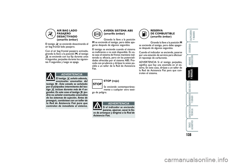 FIAT SCUDO 2016 Manual de Empleo y Cuidado (in Spanish) 135
SEGURIDADARRANQUE
Y CONDUCCIÓNQUÉ HACER SIMANTENIMIENTO
Y CUIDADOCARACTERÍSTICASTÉCNICASÍNDICE
ALFABÉTICOSALPICADERO
Y MANDOSTESTIGOS
Y MENSAJES
STOP (rojo)
Se enciende contemporánea-
m FIAT SCUDO 2016 Manual de Empleo y Cuidado (in Spanish) 135
SEGURIDADARRANQUE
Y CONDUCCIÓNQUÉ HACER SIMANTENIMIENTO
Y CUIDADOCARACTERÍSTICASTÉCNICASÍNDICE
ALFABÉTICOSALPICADERO
Y MANDOSTESTIGOS
Y MENSAJES
STOP (rojo)
Se enciende contemporánea-
m