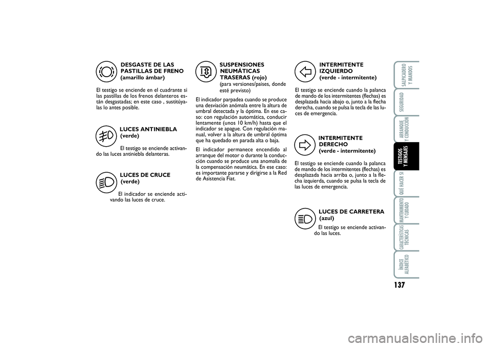 FIAT SCUDO 2016  Manual de Empleo y Cuidado (in Spanish) LUCES DE CRUCE
(verde)
El indicador se enciende acti-
vando las luces de cruce.
137
SEGURIDADARRANQUE 
Y CONDUCCIÓNQUÉ HACER SIMANTENIMIENTO
Y CUIDADOCARACTERÍSTICASTÉCNICASÍNDICE 
ALFABÉTICOSAL