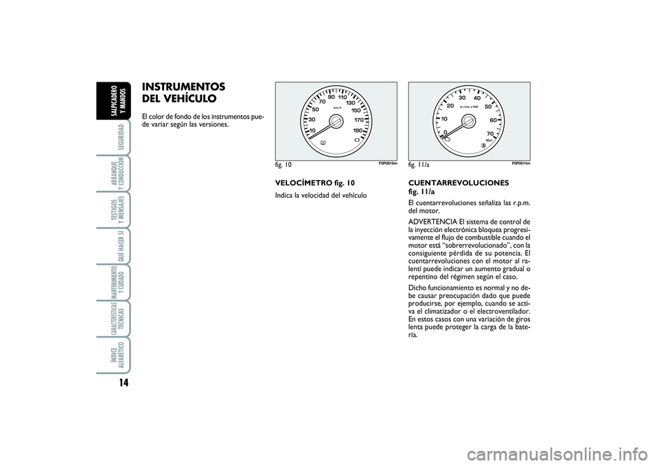 FIAT SCUDO 2016  Manual de Empleo y Cuidado (in Spanish) 14SEGURIDADARRANQUE 
Y CONDUCCIÓNTESTIGOS 
Y MENSAJESQUÉ HACER SIMANTENIMIENTO
Y CUIDADOCARACTERÍSTICASTÉCNICASÍNDICE 
ALFABÉTICOSALPICADERO 
Y MANDOS
INSTRUMENTOS 
DEL VEHÍCULO El color de fon