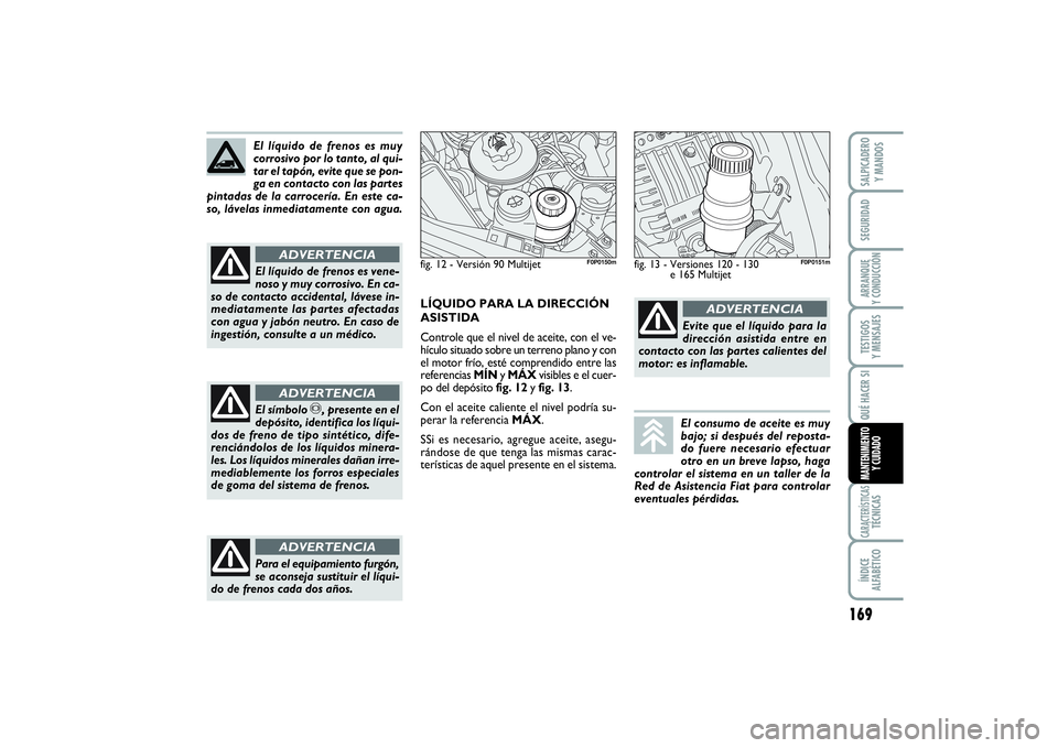 FIAT SCUDO 2016  Manual de Empleo y Cuidado (in Spanish) 169
SEGURIDADARRANQUE 
Y CONDUCCIÓNTESTIGOS 
Y MENSAJESCARACTERÍSTICASTÉCNICASÍNDICE 
ALFABÉTICOSALPICADERO 
Y MANDOSQUÉ HACER SIMANTENIMIENTO
Y CUIDADO
El líquido de frenos es muy
corrosivo po