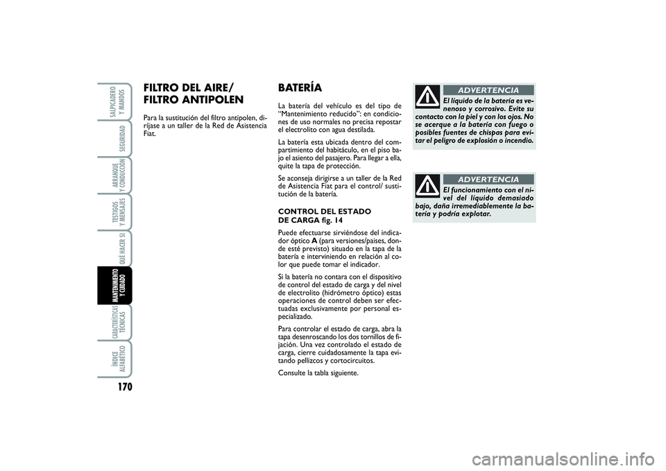 FIAT SCUDO 2016  Manual de Empleo y Cuidado (in Spanish) 170SEGURIDADARRANQUE 
Y CONDUCCIÓNTESTIGOS 
Y MENSAJESCARACTERÍSTICASTÉCNICASÍNDICE 
ALFABÉTICOSALPICADERO 
Y MANDOS
QUÉ HACER SIMANTENIMIENTO
Y CUIDADO
BATERÍALa batería del vehículo es del 