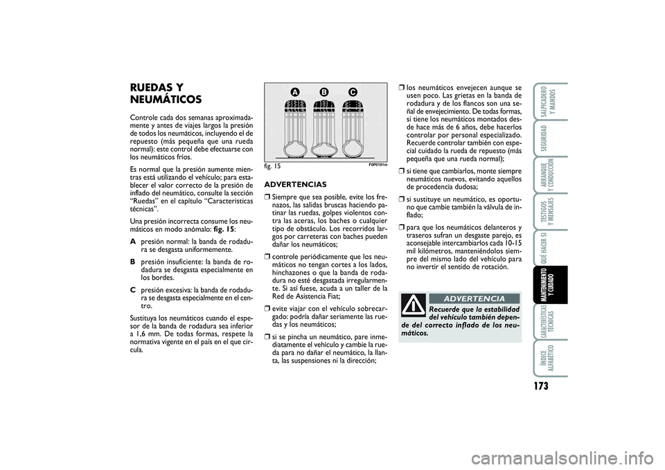 FIAT SCUDO 2016  Manual de Empleo y Cuidado (in Spanish) 173
SEGURIDADARRANQUE 
Y CONDUCCIÓNTESTIGOS 
Y MENSAJESCARACTERÍSTICASTÉCNICASÍNDICE 
ALFABÉTICOSALPICADERO 
Y MANDOSQUÉ HACER SIMANTENIMIENTO
Y CUIDADO
RUEDAS Y
NEUMÁTICOSControle cada dos sem