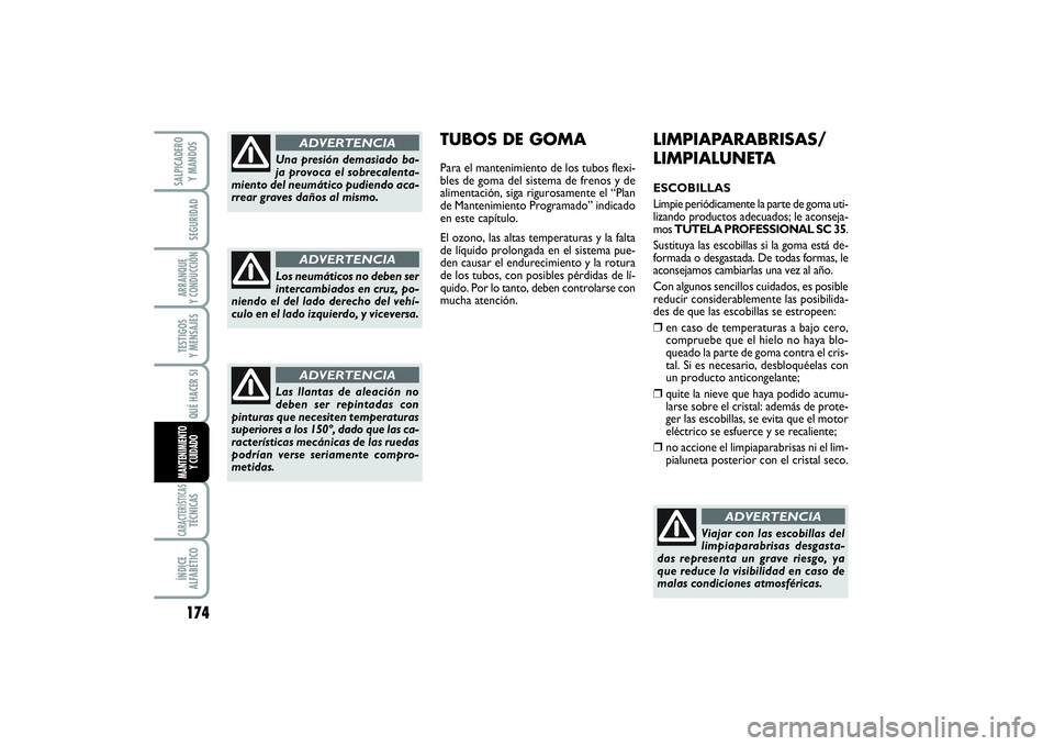 FIAT SCUDO 2016  Manual de Empleo y Cuidado (in Spanish) 174SEGURIDADARRANQUE 
Y CONDUCCIÓNTESTIGOS 
Y MENSAJESCARACTERÍSTICASTÉCNICASÍNDICE 
ALFABÉTICOSALPICADERO 
Y MANDOS
QUÉ HACER SIMANTENIMIENTO
Y CUIDADO
LIMPIAPARABRISAS/
LIMPIALUNETAESCOBILLAS
