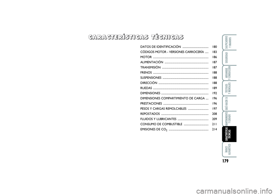 FIAT SCUDO 2016  Manual de Empleo y Cuidado (in Spanish) DATOS DE IDENTIFICACIÓN  ...................................... 180
CÓDIGOS MOTOR - VERSIONES CARROCERÍA..... 183
MOTOR .............................................................................