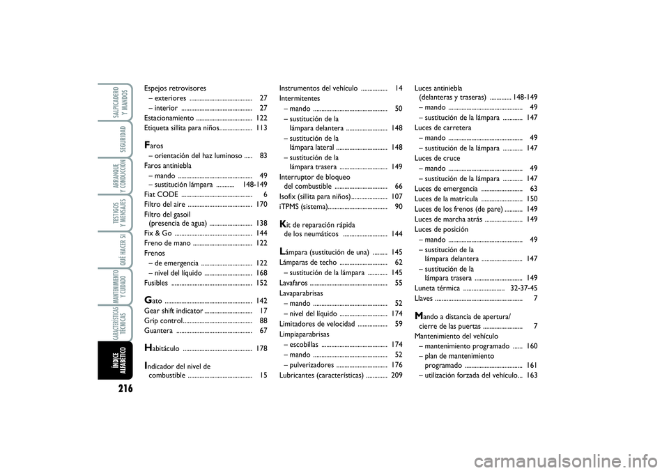 FIAT SCUDO 2016  Manual de Empleo y Cuidado (in Spanish) 216SEGURIDADARRANQUE 
Y CONDUCCIÓNTESTIGOS 
Y MENSAJESQUÉ HACER SIMANTENIMIENTO
Y CUIDADOSALPICADERO 
Y MANDOSCARACTERÍSTICASTÉCNICASÍNDICE 
ALFABÉTICO
Instrumentos del vehículo ...............
