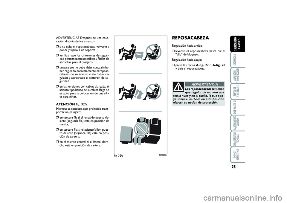 FIAT SCUDO 2016 Manual de Empleo y Cuidado (in Spanish) 25
SEGURIDADARRANQUE
Y CONDUCCIÓNTESTIGOS
Y MENSAJESQUÉ HACER SIMANTENIMIENTO
Y CUIDADOCARACTERÍSTICASTÉCNICASÍNDICE
ALFABÉTICOSALPICADERO
Y MANDOS
REPOSACABEZARegulación hacia arriba:❒
l FIAT SCUDO 2016 Manual de Empleo y Cuidado (in Spanish) 25
SEGURIDADARRANQUE
Y CONDUCCIÓNTESTIGOS
Y MENSAJESQUÉ HACER SIMANTENIMIENTO
Y CUIDADOCARACTERÍSTICASTÉCNICASÍNDICE
ALFABÉTICOSALPICADERO
Y MANDOS
REPOSACABEZARegulación hacia arriba:❒
l