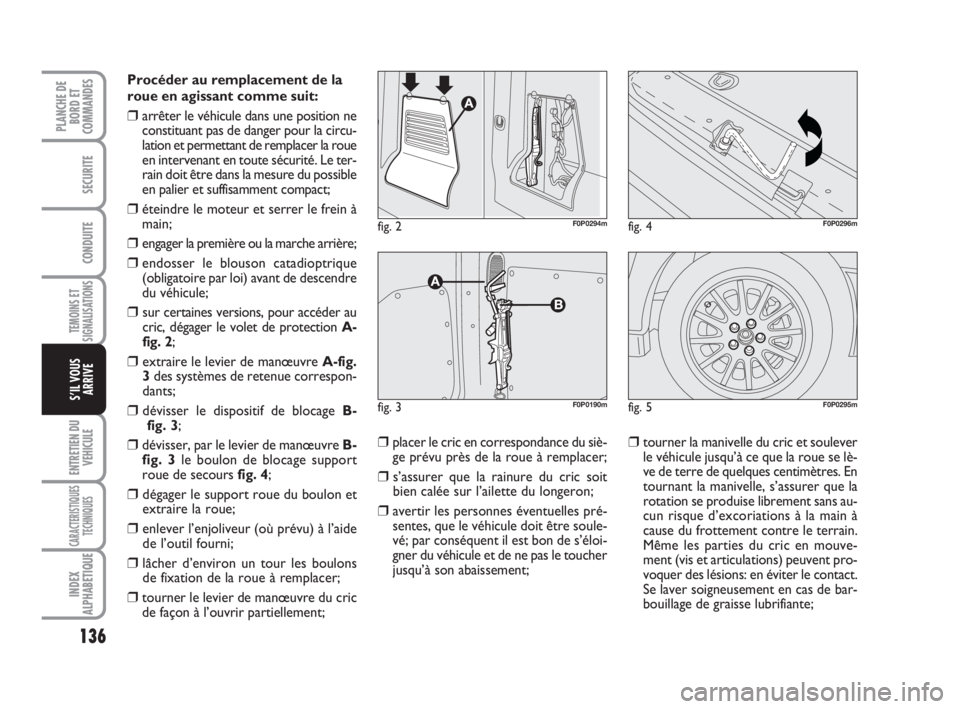 FIAT SCUDO 2010 Notice dentretien (in French) 136
TEMOINS ET
SIGNALISATIONS
ENTRETIEN DU
VEHICULE
CARACTERISTIQUES
TECHNIQUES
INDEX
ALPHABETIQUE
PLANCHE DE
BORD ET
COMMANDES
SECURITE
CONDUITE
S’IL VOUS
ARRIVE
Procéder au remplacement de la
rou FIAT SCUDO 2010 Notice dentretien (in French) 136
TEMOINS ET
SIGNALISATIONS
ENTRETIEN DU
VEHICULE
CARACTERISTIQUES
TECHNIQUES
INDEX
ALPHABETIQUE
PLANCHE DE
BORD ET
COMMANDES
SECURITE
CONDUITE
S’IL VOUS
ARRIVE
Procéder au remplacement de la
rou