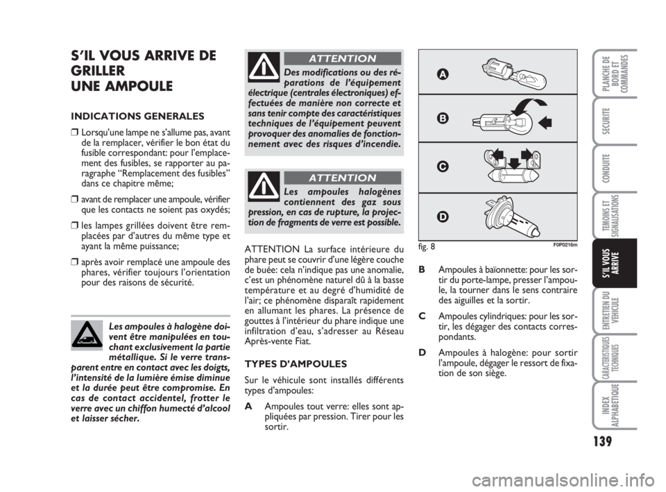 FIAT SCUDO 2010 Notice dentretien (in French) 139
TEMOINS ET
SIGNALISATIONS
ENTRETIEN DU
VEHICULE
CARACTERISTIQUES
TECHNIQUES
INDEX
ALPHABETIQUE
PLANCHE DE
BORD ET
COMMANDES
SECURITE
CONDUITE
S’IL VOUS
ARRIVE
S’IL VOUS ARRIVE DE
GRILLER
UNE A FIAT SCUDO 2010 Notice dentretien (in French) 139
TEMOINS ET
SIGNALISATIONS
ENTRETIEN DU
VEHICULE
CARACTERISTIQUES
TECHNIQUES
INDEX
ALPHABETIQUE
PLANCHE DE
BORD ET
COMMANDES
SECURITE
CONDUITE
S’IL VOUS
ARRIVE
S’IL VOUS ARRIVE DE
GRILLER
UNE A