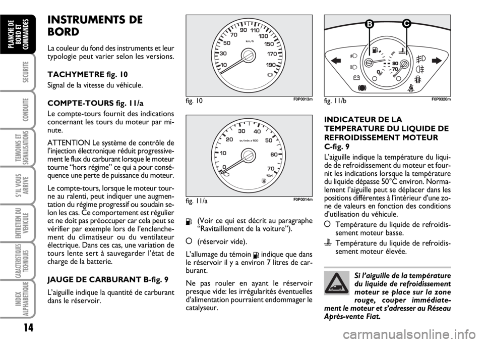 FIAT SCUDO 2010  Notice dentretien (in French) 14
SECURITE
CONDUITE
TEMOINS ETSIGNALISATIONS
S’IL VOUS
ARRIVE
ENTRETIEN DU
VEHICULE
CARACTERISTIQUES
TECHNIQUES
INDEX
ALPHABETIQUE
PLANCHE DE
BORD ET
COMMANDES
INSTRUMENTS DE
BORD
La couleur du fon