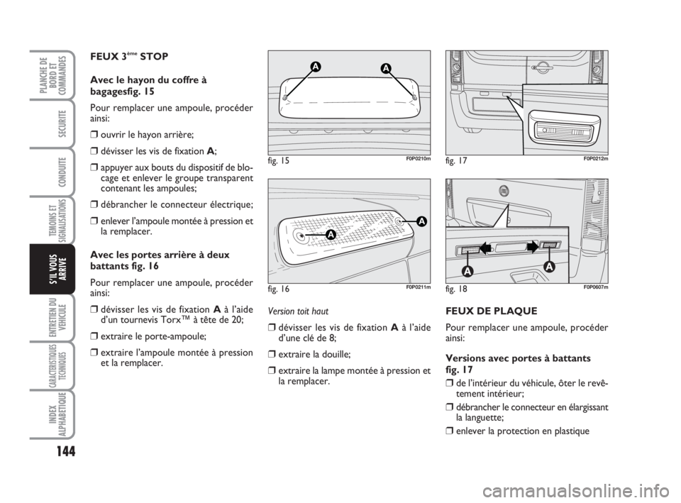 FIAT SCUDO 2010 Notice dentretien (in French) 144
TEMOINS ET
SIGNALISATIONS
ENTRETIEN DU
VEHICULE
CARACTERISTIQUES
TECHNIQUES
INDEX
ALPHABETIQUE
PLANCHE DE
BORD ET
COMMANDES
SECURITE
CONDUITE
S’IL VOUS
ARRIVE
Version toit haut
❒dévisser les FIAT SCUDO 2010 Notice dentretien (in French) 144
TEMOINS ET
SIGNALISATIONS
ENTRETIEN DU
VEHICULE
CARACTERISTIQUES
TECHNIQUES
INDEX
ALPHABETIQUE
PLANCHE DE
BORD ET
COMMANDES
SECURITE
CONDUITE
S’IL VOUS
ARRIVE
Version toit haut
❒dévisser les