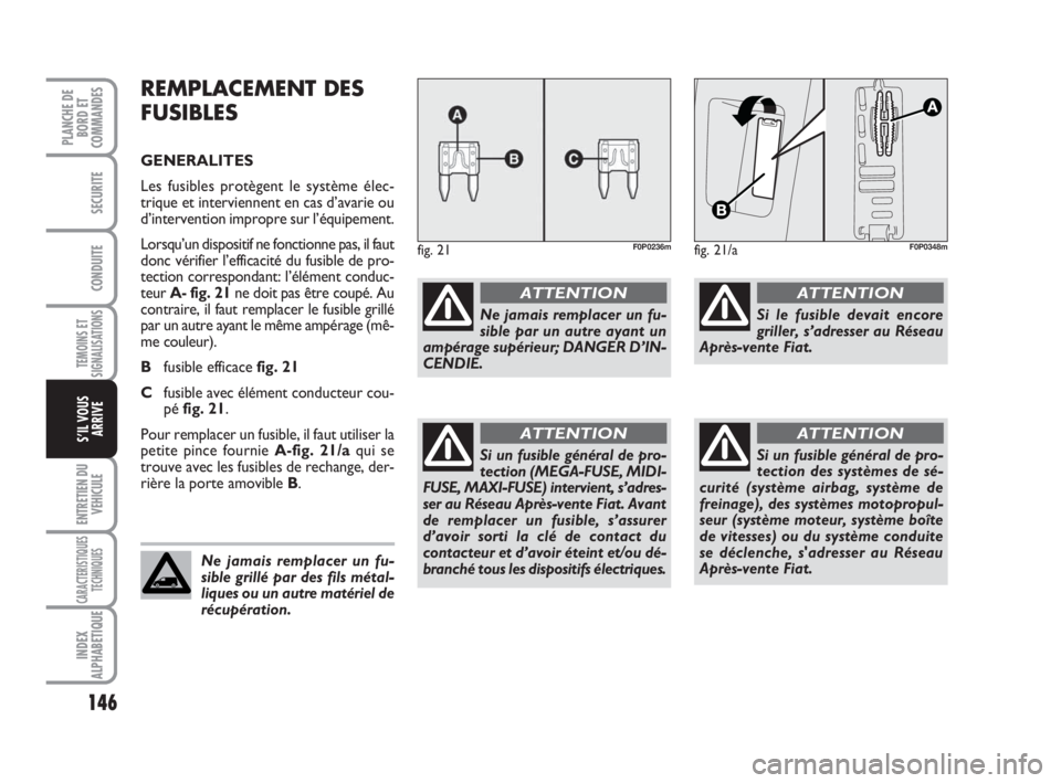 FIAT SCUDO 2010  Notice dentretien (in French) 146
TEMOINS ET
SIGNALISATIONS
ENTRETIEN DU
VEHICULE
CARACTERISTIQUES
TECHNIQUES
INDEX
ALPHABETIQUE
PLANCHE DE
BORD ET
COMMANDES
SECURITE
CONDUITE
S’IL VOUS
ARRIVE
REMPLACEMENT DES
FUSIBLES
GENERALIT