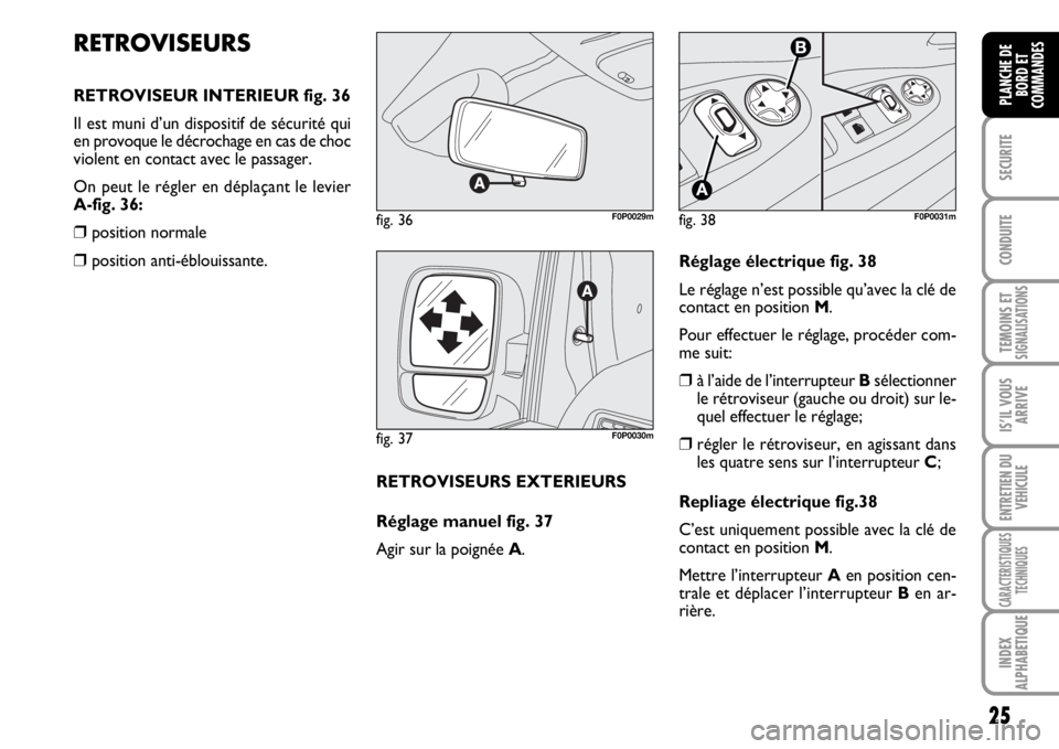 FIAT SCUDO 2010  Notice dentretien (in French) 25
SECURITE
CONDUITE
TEMOINS ETSIGNALISATIONS
IS’IL VOUS
ARRIVE
ENTRETIEN DU
VEHICULE
CARACTERISTIQUES
TECHNIQUES
INDEX
ALPHABETIQUE
PLANCHE DE
BORD ET
COMMANDES
RETROVISEURS
RETROVISEUR INTERIEUR f