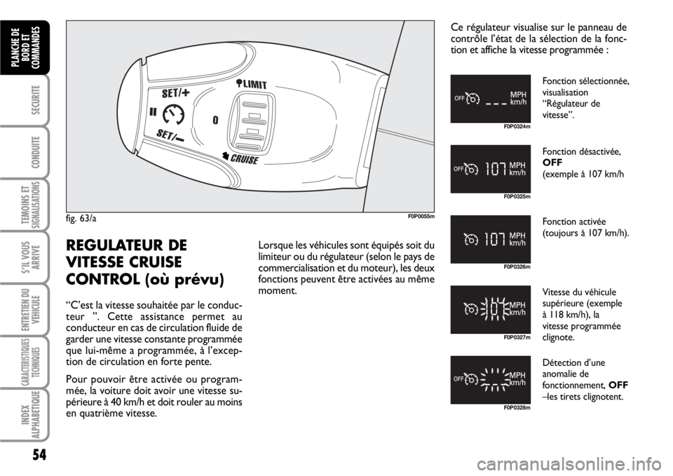 FIAT SCUDO 2010 Notice dentretien (in French) 54
SECURITE
CONDUITE
TEMOINS ETSIGNALISATIONS
S’IL VOUS
ARRIVE
ENTRETIEN DU
VEHICULE
CARACTERISTIQUES
TECHNIQUES
INDEX
ALPHABETIQUE
PLANCHE DE
BORD ET
COMMANDES
fig. 63/aF0P0055m
REGULATEUR DE
VITES FIAT SCUDO 2010 Notice dentretien (in French) 54
SECURITE
CONDUITE
TEMOINS ETSIGNALISATIONS
S’IL VOUS
ARRIVE
ENTRETIEN DU
VEHICULE
CARACTERISTIQUES
TECHNIQUES
INDEX
ALPHABETIQUE
PLANCHE DE
BORD ET
COMMANDES
fig. 63/aF0P0055m
REGULATEUR DE
VITES