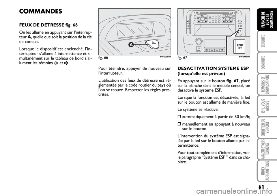 FIAT SCUDO 2010 Notice dentretien (in French) 61
SECURITE
CONDUITE
TEMOINS ETSIGNALISATIONS
IS’IL VOUS
ARRIVE
ENTRETIEN DU
VEHICULE
CARACTERISTIQUES
TECHNIQUES
INDEX
ALPHABETIQUE
PLANCHE DE
BORD ET
COMMANDES
fig. 66F0P0287m
COMMANDES
FEUX DE DE FIAT SCUDO 2010 Notice dentretien (in French) 61
SECURITE
CONDUITE
TEMOINS ETSIGNALISATIONS
IS’IL VOUS
ARRIVE
ENTRETIEN DU
VEHICULE
CARACTERISTIQUES
TECHNIQUES
INDEX
ALPHABETIQUE
PLANCHE DE
BORD ET
COMMANDES
fig. 66F0P0287m
COMMANDES
FEUX DE DE