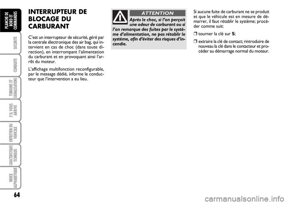 FIAT SCUDO 2010 Notice dentretien (in French) 64
SECURITE
CONDUITE
TEMOINS ETSIGNALISATIONS
S’IL VOUS
ARRIVE
ENTRETIEN DU
VEHICULE
CARACTERISTIQUES
TECHNIQUES
INDEX
ALPHABETIQUE
PLANCHE DE
BORD ET
COMMANDES
Si aucune fuite de carburant ne se pr FIAT SCUDO 2010 Notice dentretien (in French) 64
SECURITE
CONDUITE
TEMOINS ETSIGNALISATIONS
S’IL VOUS
ARRIVE
ENTRETIEN DU
VEHICULE
CARACTERISTIQUES
TECHNIQUES
INDEX
ALPHABETIQUE
PLANCHE DE
BORD ET
COMMANDES
Si aucune fuite de carburant ne se pr