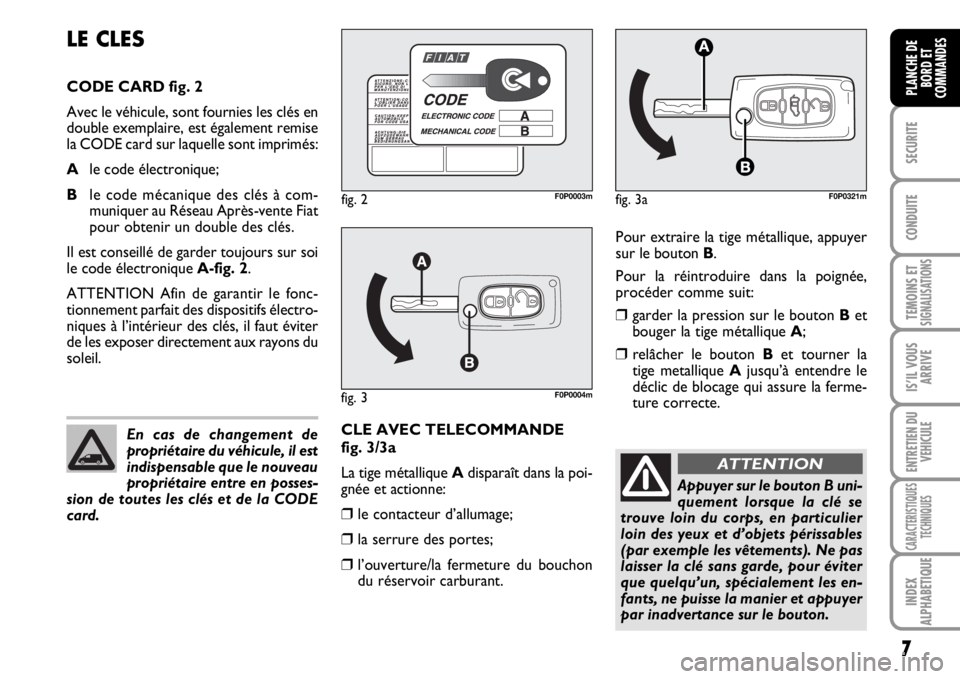 FIAT SCUDO 2010  Notice dentretien (in French) 7
SECURITE
CONDUITE
TEMOINS ETSIGNALISATIONS
IS’IL VOUS
ARRIVE
ENTRETIEN DU 
VEHICULE
CARACTERISTIQUES
TECHNIQUES
INDEX
ALPHABETIQUE
PLANCHE DE
BORD ET
COMMANDES
Pour extraire la tige métallique, a