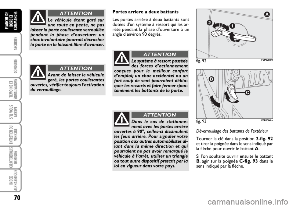 FIAT SCUDO 2010 Notice dentretien (in French) 70
SECURITE
CONDUITE
TEMOINS ETSIGNALISATIONS
S’IL VOUS
ARRIVE
ENTRETIEN DU
VEHICULE
CARACTERISTIQUES
TECHNIQUES
INDEX
ALPHABETIQUE
PLANCHE DE
BORD ET
COMMANDES
Portes arriere a deux battants
Les po FIAT SCUDO 2010 Notice dentretien (in French) 70
SECURITE
CONDUITE
TEMOINS ETSIGNALISATIONS
S’IL VOUS
ARRIVE
ENTRETIEN DU
VEHICULE
CARACTERISTIQUES
TECHNIQUES
INDEX
ALPHABETIQUE
PLANCHE DE
BORD ET
COMMANDES
Portes arriere a deux battants
Les po
