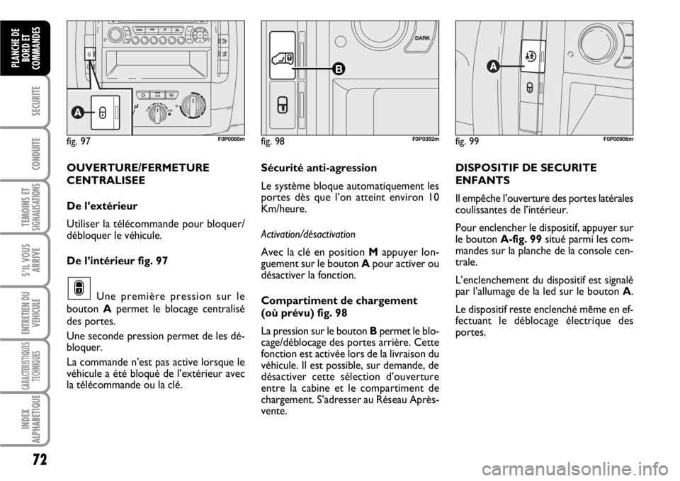 FIAT SCUDO 2010 Notice dentretien (in French) 72
SECURITE
CONDUITE
TEMOINS ETSIGNALISATIONS
S’IL VOUS
ARRIVE
ENTRETIEN DU
VEHICULE
CARACTERISTIQUES
TECHNIQUES
INDEX
ALPHABETIQUE
PLANCHE DE
BORD ET
COMMANDES
fig. 99F0P00906mfig. 97F0P0085mfig. 9 FIAT SCUDO 2010 Notice dentretien (in French) 72
SECURITE
CONDUITE
TEMOINS ETSIGNALISATIONS
S’IL VOUS
ARRIVE
ENTRETIEN DU
VEHICULE
CARACTERISTIQUES
TECHNIQUES
INDEX
ALPHABETIQUE
PLANCHE DE
BORD ET
COMMANDES
fig. 99F0P00906mfig. 97F0P0085mfig. 9