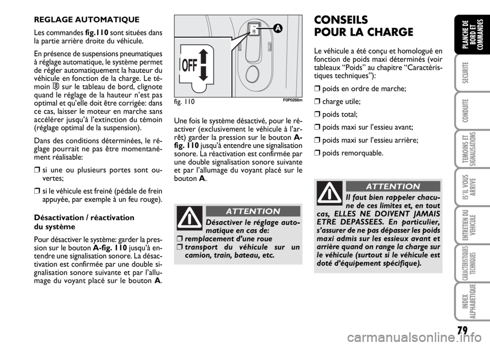 FIAT SCUDO 2010 Notice dentretien (in French) 79
SECURITE
CONDUITE
TEMOINS ETSIGNALISATIONS
IS’IL VOUS
ARRIVE
ENTRETIEN DU
VEHICULE
CARACTERISTIQUES
TECHNIQUES
INDEX
ALPHABETIQUE
PLANCHE DE
BORD ET
COMMANDES
REGLAGE AUTOMATIQUE
Les commandes fi FIAT SCUDO 2010 Notice dentretien (in French) 79
SECURITE
CONDUITE
TEMOINS ETSIGNALISATIONS
IS’IL VOUS
ARRIVE
ENTRETIEN DU
VEHICULE
CARACTERISTIQUES
TECHNIQUES
INDEX
ALPHABETIQUE
PLANCHE DE
BORD ET
COMMANDES
REGLAGE AUTOMATIQUE
Les commandes fi