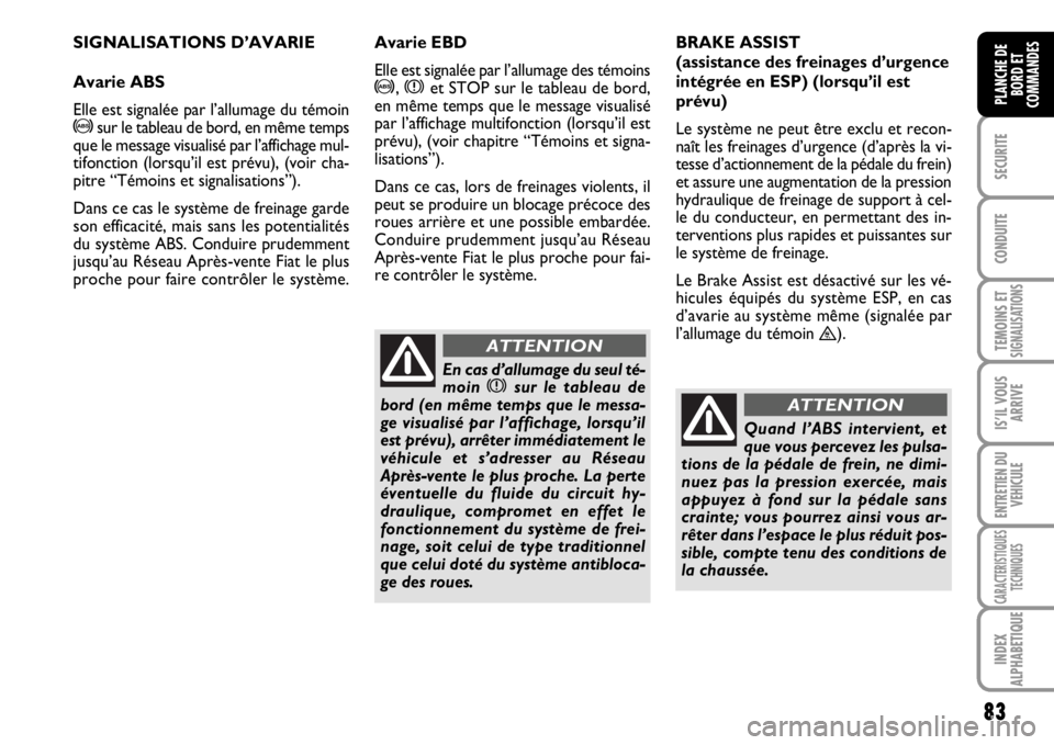 FIAT SCUDO 2010  Notice dentretien (in French) 83
SECURITE
CONDUITE
TEMOINS ETSIGNALISATIONS
IS’IL VOUS
ARRIVE
ENTRETIEN DU
VEHICULE
CARACTERISTIQUES
TECHNIQUES
INDEX
ALPHABETIQUE
PLANCHE DE
BORD ET
COMMANDES
SIGNALISATIONS D’AVARIE
Avarie ABS