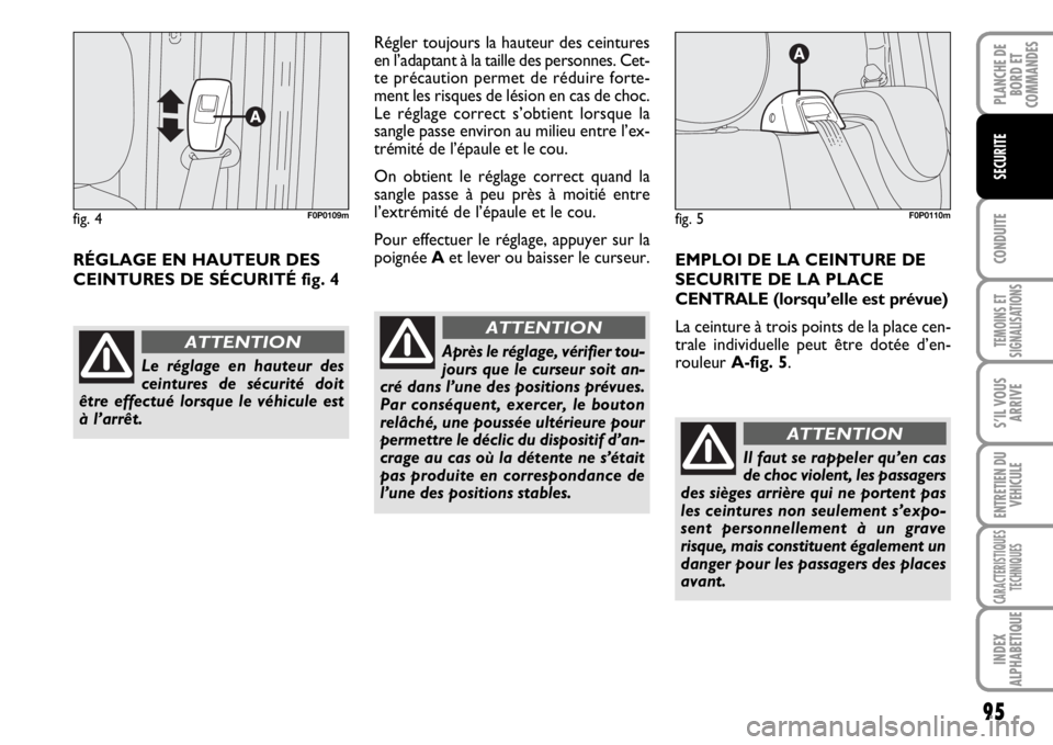 FIAT SCUDO 2010 Notice dentretien (in French) 95
CONDUITE
TEMOINS ET
SIGNALISATIONS
S’IL VOUS
ARRIVE
ENTRETIEN DU
VEHICULE
CARACTERISTIQUES
TECHNIQUES
INDEX
ALPHABETIQUE
PLANCHE DE
BORD ET
COMMANDES
SECURITE
RÉGLAGE EN HAUTEUR DES
CEINTURES DE FIAT SCUDO 2010 Notice dentretien (in French) 95
CONDUITE
TEMOINS ET
SIGNALISATIONS
S’IL VOUS
ARRIVE
ENTRETIEN DU
VEHICULE
CARACTERISTIQUES
TECHNIQUES
INDEX
ALPHABETIQUE
PLANCHE DE
BORD ET
COMMANDES
SECURITE
RÉGLAGE EN HAUTEUR DES
CEINTURES DE