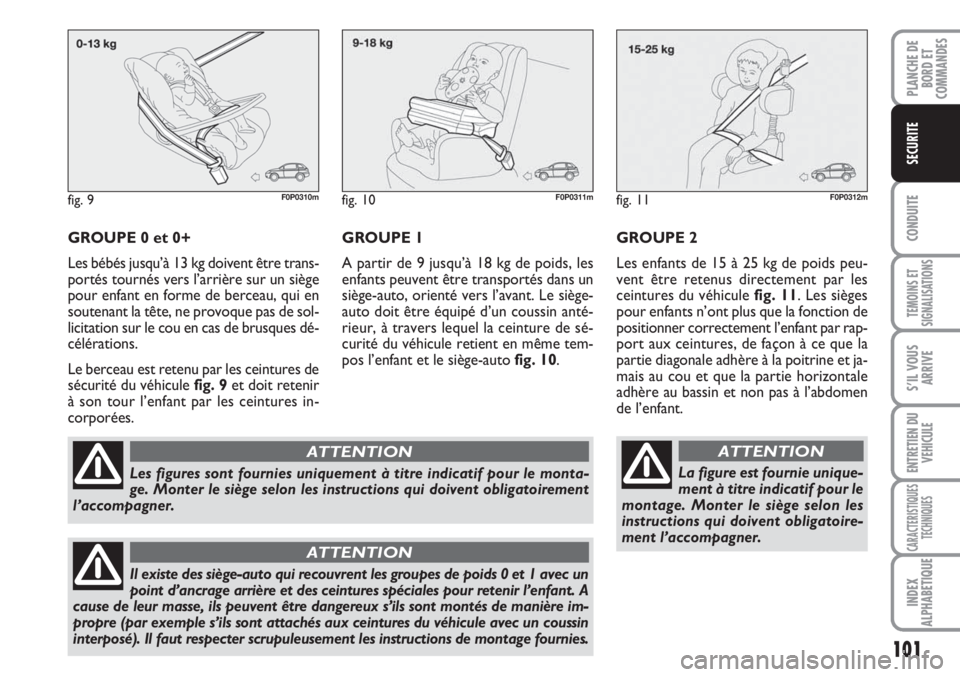 FIAT SCUDO 2011 Notice dentretien (in French) 101
CONDUITE
TEMOINS ET
SIGNALISATIONS
S’IL VOUS
ARRIVE
ENTRETIEN DU
VEHICULE
CARACTERISTIQUES
TECHNIQUES
INDEX
ALPHABETIQUE
PLANCHE DE
BORD ET
COMMANDES
SECURITE
GROUPE 0 et 0+
Les bébés jusqu’ FIAT SCUDO 2011 Notice dentretien (in French) 101
CONDUITE
TEMOINS ET
SIGNALISATIONS
S’IL VOUS
ARRIVE
ENTRETIEN DU
VEHICULE
CARACTERISTIQUES
TECHNIQUES
INDEX
ALPHABETIQUE
PLANCHE DE
BORD ET
COMMANDES
SECURITE
GROUPE 0 et 0+
Les bébés jusqu’