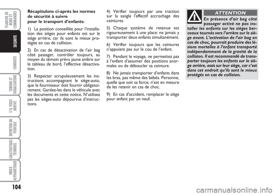 FIAT SCUDO 2011 Notice dentretien (in French) 104
CONDUITE
TEMOINS ET
SIGNALISATIONS
S’IL VOUS
ARRIVE
ENTRETIEN DU
VEHICULE
CARACTERISTIQUES
TECHNIQUES
INDEX
ALPHABETIQUE
PLANCHE DE
BORD ET
COMMANDES
SECURITE
Récapitulons ci-après les normes
FIAT SCUDO 2011 Notice dentretien (in French) 104
CONDUITE
TEMOINS ET
SIGNALISATIONS
S’IL VOUS
ARRIVE
ENTRETIEN DU
VEHICULE
CARACTERISTIQUES
TECHNIQUES
INDEX
ALPHABETIQUE
PLANCHE DE
BORD ET
COMMANDES
SECURITE
Récapitulons ci-après les normes