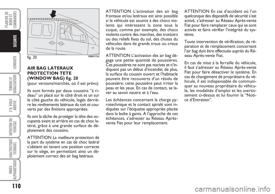 FIAT SCUDO 2011  Notice dentretien (in French) 110
CONDUITE
TEMOINS ET
SIGNALISATIONS
S’IL VOUS
ARRIVE
ENTRETIEN DU
VEHICULE
CARACTERISTIQUES
TECHNIQUES
INDEX
ALPHABETIQUE
PLANCHE DE
BORD ET
COMMANDES
SECURITE
AIR BAG LATERAUX
PROTECTION TETE 
(