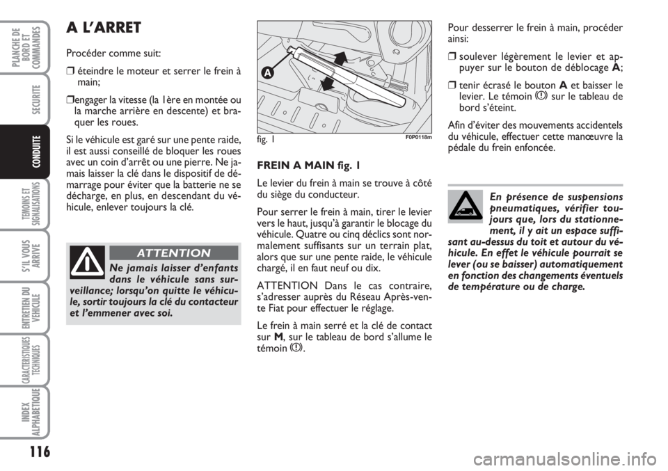 FIAT SCUDO 2011  Notice dentretien (in French) 116
TEMOINS ET
SIGNALISATIONS
S’IL VOUS
ARRIVE
ENTRETIEN DU
VEHICULE
CARACTERISTIQUES
TECHNIQUES
INDEX
ALPHABETIQUE
PLANCHE DE
BORD ET
COMMANDES
SECURITE
CONDUITEFREIN A MAIN fig. 1
Le levier du fre