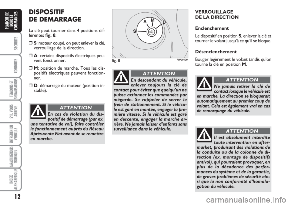 FIAT SCUDO 2011  Notice dentretien (in French) 12
SECURITE
CONDUITE
TEMOINS ETSIGNALISATIONS
S’IL VOUS
ARRIVE
ENTRETIEN DU
VEHICULE
CARACTERISTIQUES
TECHNIQUES
INDEX
ALPHABETIQUE
PLANCHE DE
BORD ET
COMMANDES
DISPOSITIF
DE DEMARRAGE
La clé peut 