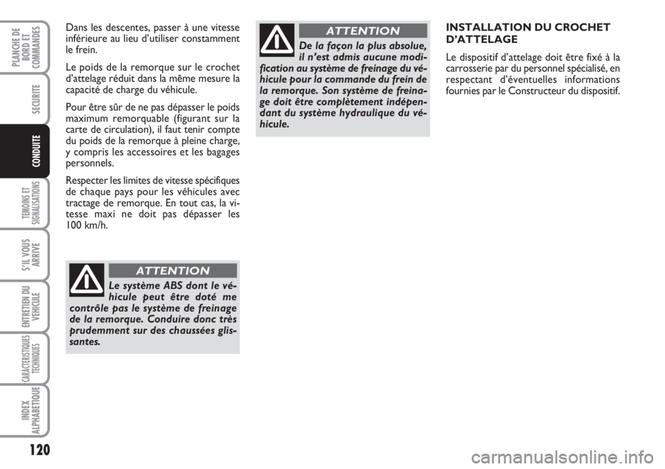 FIAT SCUDO 2011 Notice dentretien (in French) 120
TEMOINS ET
SIGNALISATIONS
S’IL VOUS
ARRIVE
ENTRETIEN DU
VEHICULE
CARACTERISTIQUES
TECHNIQUES
INDEX
ALPHABETIQUE
PLANCHE DE
BORD ET
COMMANDES
SECURITE
CONDUITE
INSTALLATION DU CROCHET
D’ATTELA FIAT SCUDO 2011 Notice dentretien (in French) 120
TEMOINS ET
SIGNALISATIONS
S’IL VOUS
ARRIVE
ENTRETIEN DU
VEHICULE
CARACTERISTIQUES
TECHNIQUES
INDEX
ALPHABETIQUE
PLANCHE DE
BORD ET
COMMANDES
SECURITE
CONDUITE
INSTALLATION DU CROCHET
D’ATTELA