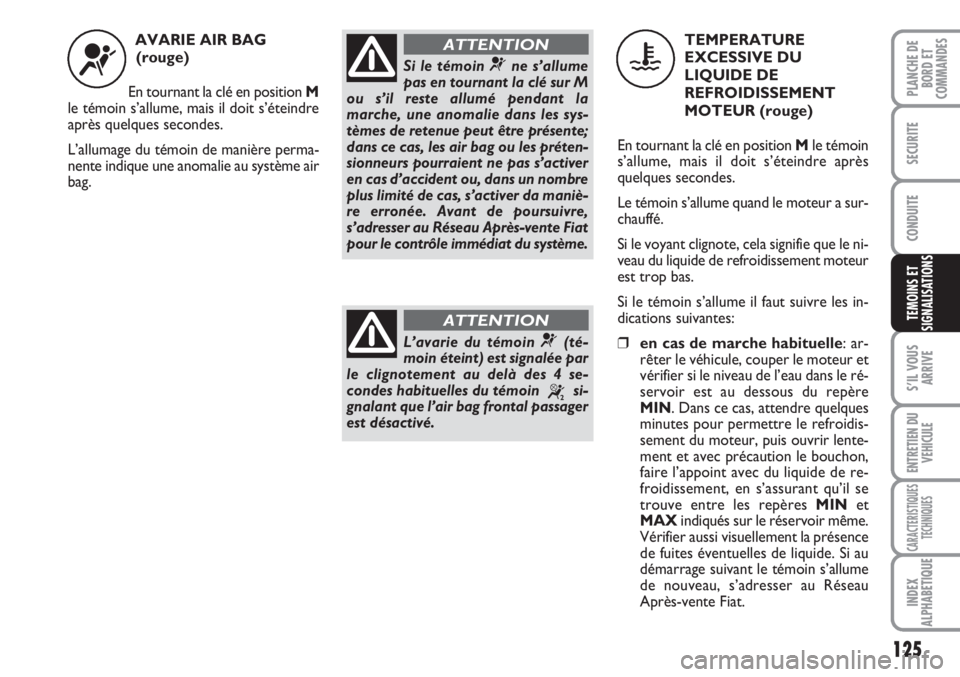 FIAT SCUDO 2011 Notice dentretien (in French) 125
S’IL VOUS
ARRIVE
ENTRETIEN DU
VEHICULE
CARACTERISTIQUES
TECHNIQUES
INDEX
ALPHABETIQUE
PLANCHE DE
BORD ET
COMMANDES
SECURITE
CONDUITE
TEMOINS ET
SIGNALISATIONS
AVARIE AIR BAG
(rouge)
En tournant FIAT SCUDO 2011 Notice dentretien (in French) 125
S’IL VOUS
ARRIVE
ENTRETIEN DU
VEHICULE
CARACTERISTIQUES
TECHNIQUES
INDEX
ALPHABETIQUE
PLANCHE DE
BORD ET
COMMANDES
SECURITE
CONDUITE
TEMOINS ET
SIGNALISATIONS
AVARIE AIR BAG
(rouge)
En tournant