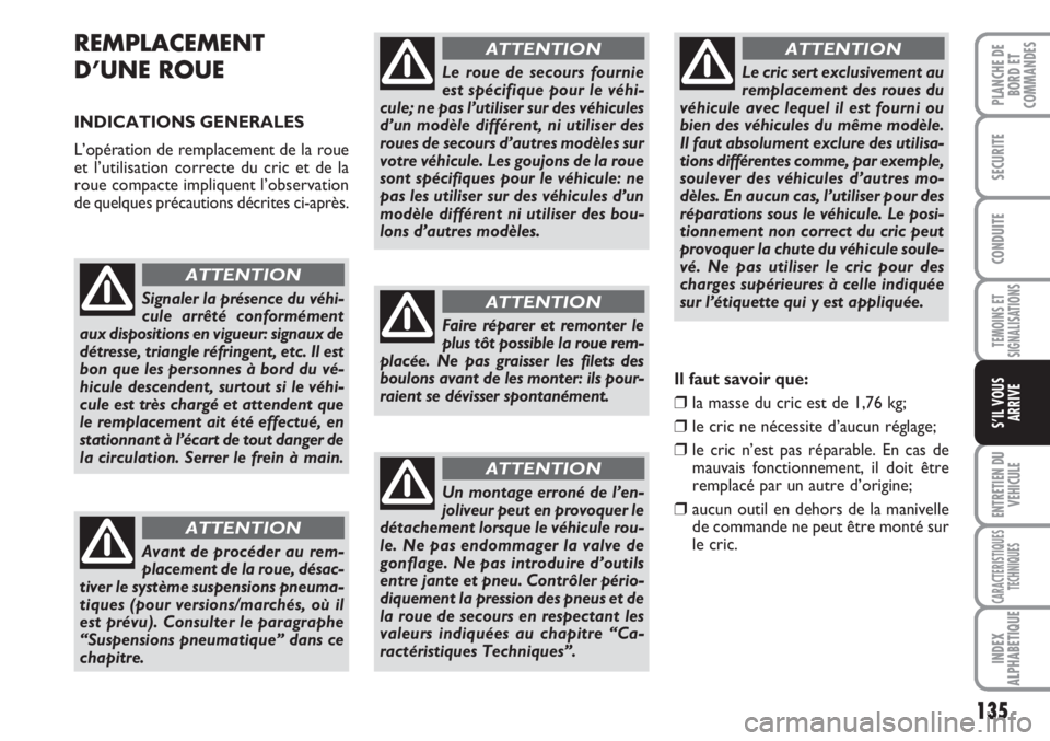 FIAT SCUDO 2011 Notice dentretien (in French) 135
TEMOINS ET
SIGNALISATIONS
ENTRETIEN DU
VEHICULE
CARACTERISTIQUES
TECHNIQUES
INDEX
ALPHABETIQUE
PLANCHE DE
BORD ET
COMMANDES
SECURITE
CONDUITE
S’IL VOUS
ARRIVE
REMPLACEMENT
D’UNE ROUE
INDICATI FIAT SCUDO 2011 Notice dentretien (in French) 135
TEMOINS ET
SIGNALISATIONS
ENTRETIEN DU
VEHICULE
CARACTERISTIQUES
TECHNIQUES
INDEX
ALPHABETIQUE
PLANCHE DE
BORD ET
COMMANDES
SECURITE
CONDUITE
S’IL VOUS
ARRIVE
REMPLACEMENT
D’UNE ROUE
INDICATI