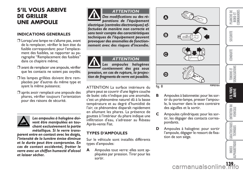 FIAT SCUDO 2011 Notice dentretien (in French) 139
TEMOINS ET
SIGNALISATIONS
ENTRETIEN DU
VEHICULE
CARACTERISTIQUES
TECHNIQUES
INDEX
ALPHABETIQUE
PLANCHE DE
BORD ET
COMMANDES
SECURITE
CONDUITE
S’IL VOUS
ARRIVE
S’IL VOUS ARRIVE
DE GRILLER
UNE FIAT SCUDO 2011 Notice dentretien (in French) 139
TEMOINS ET
SIGNALISATIONS
ENTRETIEN DU
VEHICULE
CARACTERISTIQUES
TECHNIQUES
INDEX
ALPHABETIQUE
PLANCHE DE
BORD ET
COMMANDES
SECURITE
CONDUITE
S’IL VOUS
ARRIVE
S’IL VOUS ARRIVE
DE GRILLER
UNE