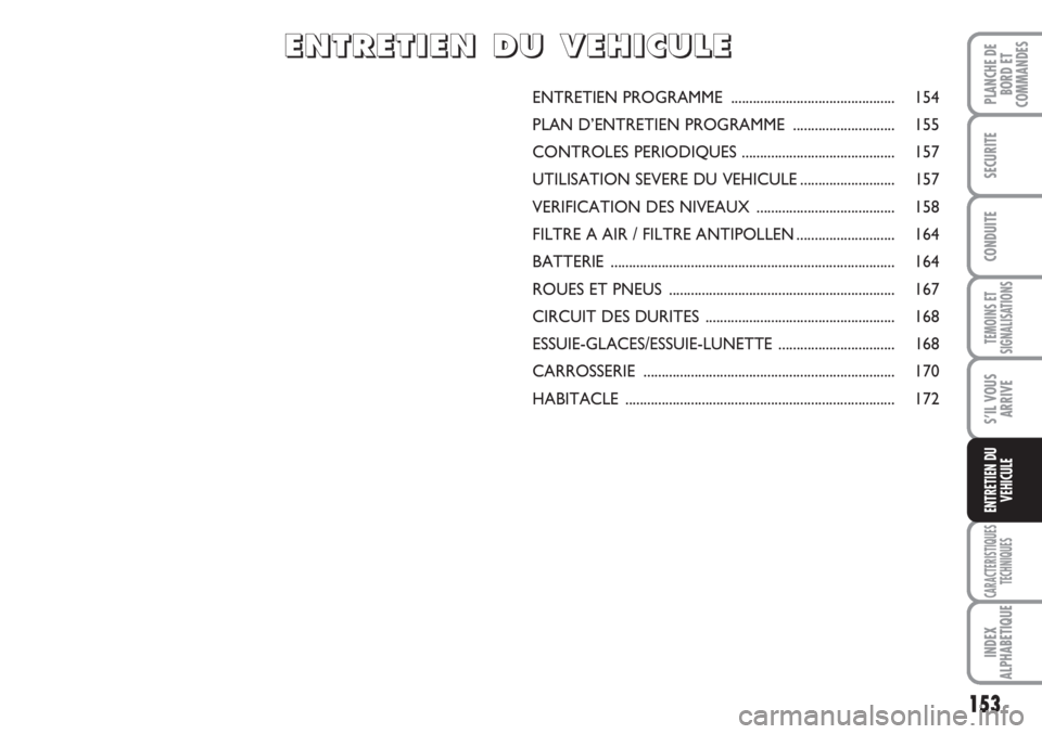 FIAT SCUDO 2011 Notice dentretien (in French) 153
TEMOINS ET
SIGNALISATIONS
CARACTERISTIQUES
TECHNIQUES
INDEX
ALPHABETIQUE
PLANCHE DE
BORD ET
COMMANDES
SECURITE
CONDUITE
S’IL VOUS
ARRIVE
ENTRETIEN DU
VEHICULE
ENTRETIEN PROGRAMME .............. FIAT SCUDO 2011 Notice dentretien (in French) 153
TEMOINS ET
SIGNALISATIONS
CARACTERISTIQUES
TECHNIQUES
INDEX
ALPHABETIQUE
PLANCHE DE
BORD ET
COMMANDES
SECURITE
CONDUITE
S’IL VOUS
ARRIVE
ENTRETIEN DU
VEHICULE
ENTRETIEN PROGRAMME ..............