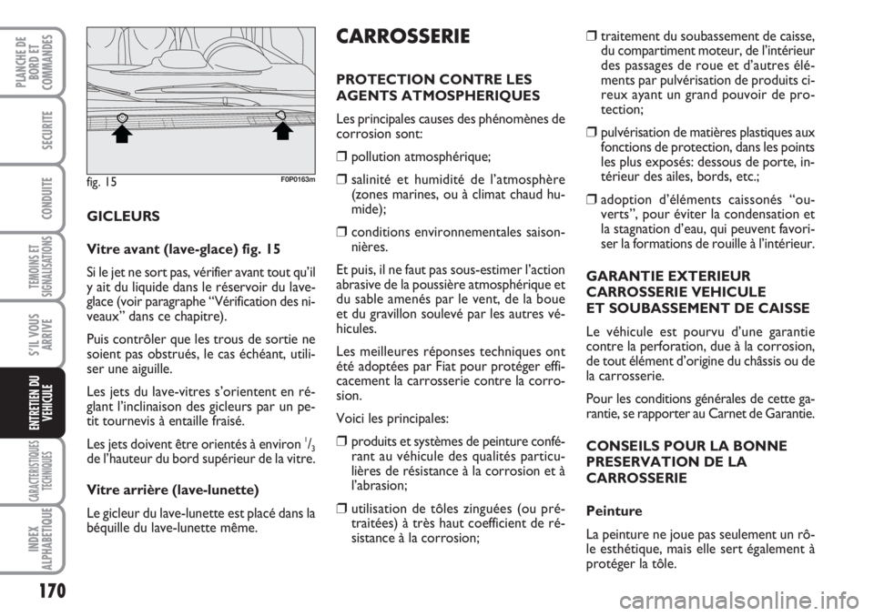 FIAT SCUDO 2011 Notice dentretien (in French) 170
TEMOINS ET
SIGNALISATIONS
CARACTERISTIQUES
TECHNIQUES
INDEX
ALPHABETIQUE
PLANCHE DE
BORD ET
COMMANDES
SECURITE
CONDUITE
S’IL VOUS
ARRIVE
ENTRETIEN DU
VEHICULE
❒traitement du soubassement de ca FIAT SCUDO 2011 Notice dentretien (in French) 170
TEMOINS ET
SIGNALISATIONS
CARACTERISTIQUES
TECHNIQUES
INDEX
ALPHABETIQUE
PLANCHE DE
BORD ET
COMMANDES
SECURITE
CONDUITE
S’IL VOUS
ARRIVE
ENTRETIEN DU
VEHICULE
❒traitement du soubassement de ca