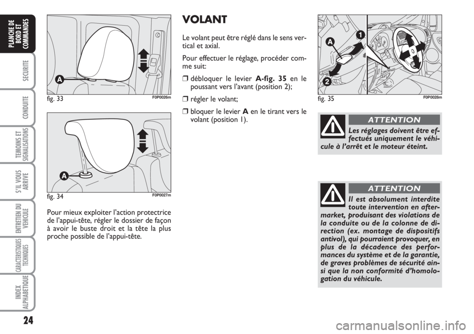 FIAT SCUDO 2011 Notice dentretien (in French) 24
SECURITE
CONDUITE
TEMOINS ETSIGNALISATIONS
S’IL VOUS
ARRIVE
ENTRETIEN DU
VEHICULE
CARACTERISTIQUES
TECHNIQUES
INDEX
ALPHABETIQUE
PLANCHE DE
BORD ET
COMMANDES
VOLANT
Le volant peut être réglé d FIAT SCUDO 2011 Notice dentretien (in French) 24
SECURITE
CONDUITE
TEMOINS ETSIGNALISATIONS
S’IL VOUS
ARRIVE
ENTRETIEN DU
VEHICULE
CARACTERISTIQUES
TECHNIQUES
INDEX
ALPHABETIQUE
PLANCHE DE
BORD ET
COMMANDES
VOLANT
Le volant peut être réglé d