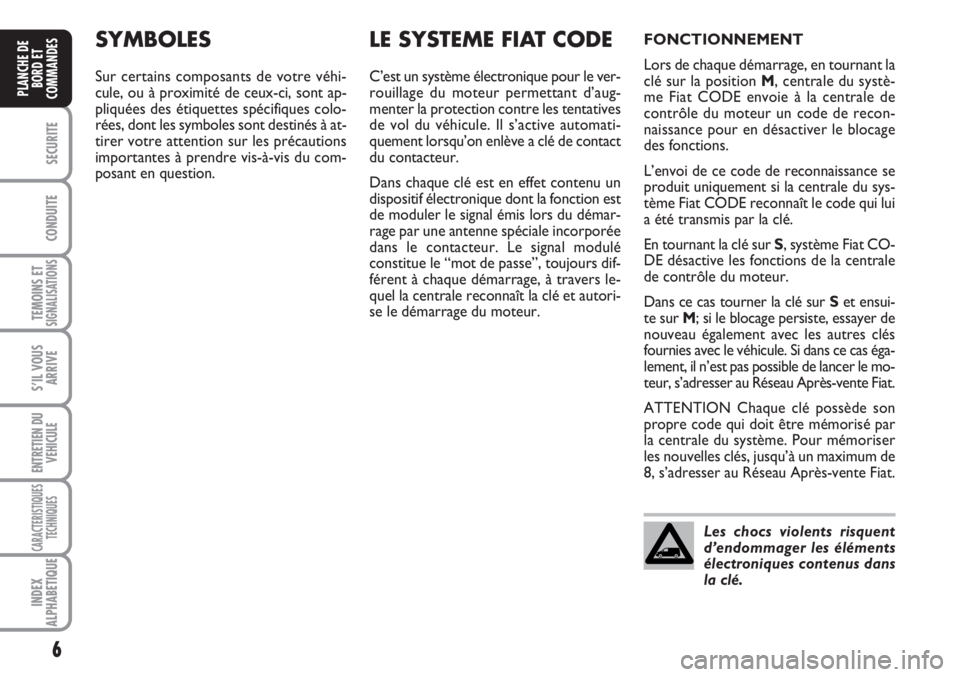 FIAT SCUDO 2011  Notice dentretien (in French) 6
SECURITE
CONDUITE
TEMOINS ETSIGNALISATIONS
S’IL VOUS
ARRIVE
ENTRETIEN DU
VEHICULE
CARACTERISTIQUES
TECHNIQUES
INDEX
ALPHABETIQUE
PLANCHE DE
BORD ET
COMMANDES
SYMBOLES
Sur certains composants de vo