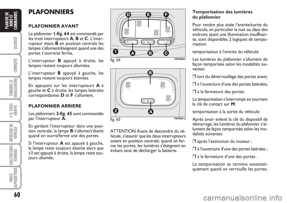 FIAT SCUDO 2011 Notice dentretien (in French) 60
SECURITE
CONDUITE
TEMOINS ETSIGNALISATIONS
S’IL VOUS
ARRIVE
ENTRETIEN DU
VEHICULE
CARACTERISTIQUES
TECHNIQUES
INDEX
ALPHABETIQUE
PLANCHE DE
BORD ET
COMMANDES
PLAFONNIERS
PLAFONNIER AVANT
Le plafo FIAT SCUDO 2011 Notice dentretien (in French) 60
SECURITE
CONDUITE
TEMOINS ETSIGNALISATIONS
S’IL VOUS
ARRIVE
ENTRETIEN DU
VEHICULE
CARACTERISTIQUES
TECHNIQUES
INDEX
ALPHABETIQUE
PLANCHE DE
BORD ET
COMMANDES
PLAFONNIERS
PLAFONNIER AVANT
Le plafo