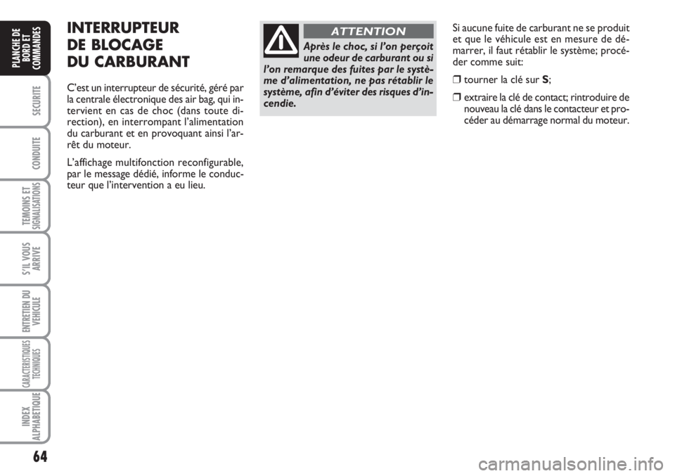FIAT SCUDO 2011 Notice dentretien (in French) 64
SECURITE
CONDUITE
TEMOINS ETSIGNALISATIONS
S’IL VOUS
ARRIVE
ENTRETIEN DU
VEHICULE
CARACTERISTIQUES
TECHNIQUES
INDEX
ALPHABETIQUE
PLANCHE DE
BORD ET
COMMANDES
Si aucune fuite de carburant ne se pr FIAT SCUDO 2011 Notice dentretien (in French) 64
SECURITE
CONDUITE
TEMOINS ETSIGNALISATIONS
S’IL VOUS
ARRIVE
ENTRETIEN DU
VEHICULE
CARACTERISTIQUES
TECHNIQUES
INDEX
ALPHABETIQUE
PLANCHE DE
BORD ET
COMMANDES
Si aucune fuite de carburant ne se pr