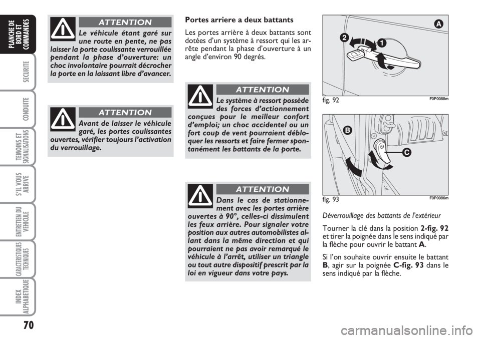 FIAT SCUDO 2011  Notice dentretien (in French) 70
SECURITE
CONDUITE
TEMOINS ETSIGNALISATIONS
S’IL VOUS
ARRIVE
ENTRETIEN DU
VEHICULE
CARACTERISTIQUES
TECHNIQUES
INDEX
ALPHABETIQUE
PLANCHE DE
BORD ET
COMMANDES
Portes arriere a deux battants
Les po
