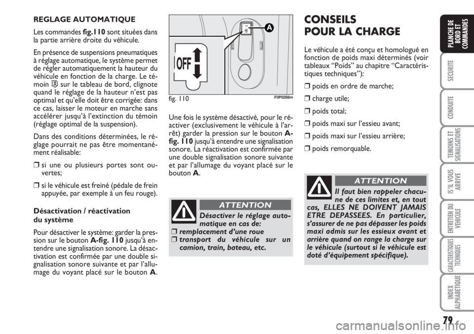 FIAT SCUDO 2011  Notice dentretien (in French) 79
SECURITE
CONDUITE
TEMOINS ETSIGNALISATIONS
IS’IL VOUS
ARRIVE
ENTRETIEN DU
VEHICULE
CARACTERISTIQUES
TECHNIQUES
INDEX
ALPHABETIQUE
PLANCHE DE
BORD ET
COMMANDES
REGLAGE AUTOMATIQUE
Les commandes fi