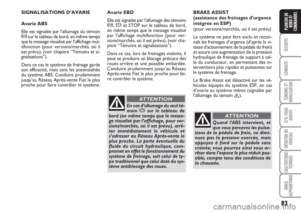 FIAT SCUDO 2011 Notice dentretien (in French) 83
SECURITE
CONDUITE
TEMOINS ETSIGNALISATIONS
IS’IL VOUS
ARRIVE
ENTRETIEN DU
VEHICULE
CARACTERISTIQUES
TECHNIQUES
INDEX
ALPHABETIQUE
PLANCHE DE
BORD ET
COMMANDES
SIGNALISATIONS D’AVARIE
Avarie ABS FIAT SCUDO 2011 Notice dentretien (in French) 83
SECURITE
CONDUITE
TEMOINS ETSIGNALISATIONS
IS’IL VOUS
ARRIVE
ENTRETIEN DU
VEHICULE
CARACTERISTIQUES
TECHNIQUES
INDEX
ALPHABETIQUE
PLANCHE DE
BORD ET
COMMANDES
SIGNALISATIONS D’AVARIE
Avarie ABS
