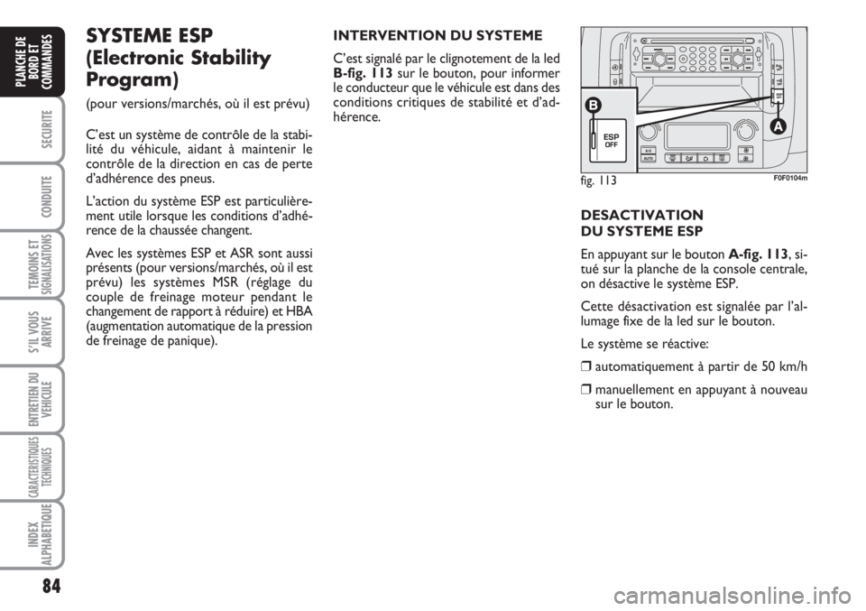 FIAT SCUDO 2011 Notice dentretien (in French) 84
SECURITE
CONDUITE
TEMOINS ETSIGNALISATIONS
S’IL VOUS
ARRIVE
ENTRETIEN DU
VEHICULE
CARACTERISTIQUES
TECHNIQUES
INDEX
ALPHABETIQUE
PLANCHE DE
BORD ET
COMMANDES
fig. 113F0F0104m
SYSTEME ESP
(Electr FIAT SCUDO 2011 Notice dentretien (in French) 84
SECURITE
CONDUITE
TEMOINS ETSIGNALISATIONS
S’IL VOUS
ARRIVE
ENTRETIEN DU
VEHICULE
CARACTERISTIQUES
TECHNIQUES
INDEX
ALPHABETIQUE
PLANCHE DE
BORD ET
COMMANDES
fig. 113F0F0104m
SYSTEME ESP
(Electr