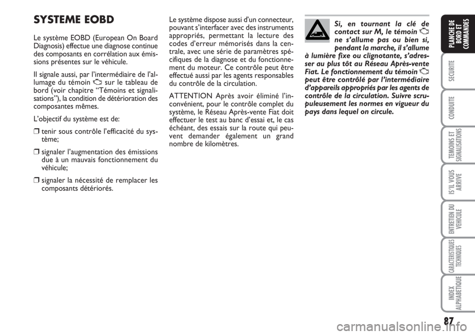 FIAT SCUDO 2011 Notice dentretien (in French) 87
SECURITE
CONDUITE
TEMOINS ETSIGNALISATIONS
IS’IL VOUS
ARRIVE
ENTRETIEN DU
VEHICULE
CARACTERISTIQUES
TECHNIQUES
INDEX
ALPHABETIQUE
PLANCHE DE
BORD ET
COMMANDES
SYSTEME EOBD
Le système EOBD (Europ FIAT SCUDO 2011 Notice dentretien (in French) 87
SECURITE
CONDUITE
TEMOINS ETSIGNALISATIONS
IS’IL VOUS
ARRIVE
ENTRETIEN DU
VEHICULE
CARACTERISTIQUES
TECHNIQUES
INDEX
ALPHABETIQUE
PLANCHE DE
BORD ET
COMMANDES
SYSTEME EOBD
Le système EOBD (Europ
