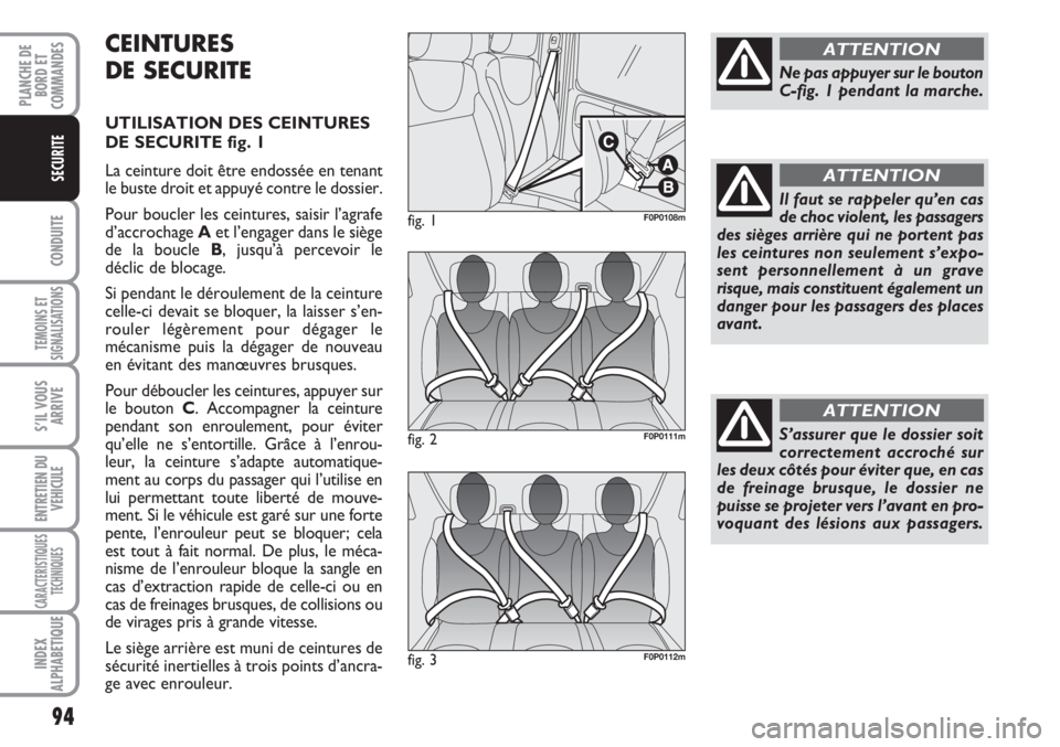 FIAT SCUDO 2011  Notice dentretien (in French) 94
CONDUITE
TEMOINS ET
SIGNALISATIONS
S’IL VOUS
ARRIVE
ENTRETIEN DU
VEHICULE
CARACTERISTIQUES
TECHNIQUES
INDEX
ALPHABETIQUE
PLANCHE DE
BORD ET
COMMANDES
SECURITE
CEINTURES
DE SECURITE
UTILISATION DE